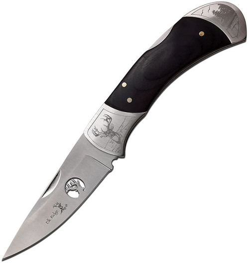 Elk Ridge Black Wood Deer Lockback Folding Knife with Etched Bolsters ER-539DR