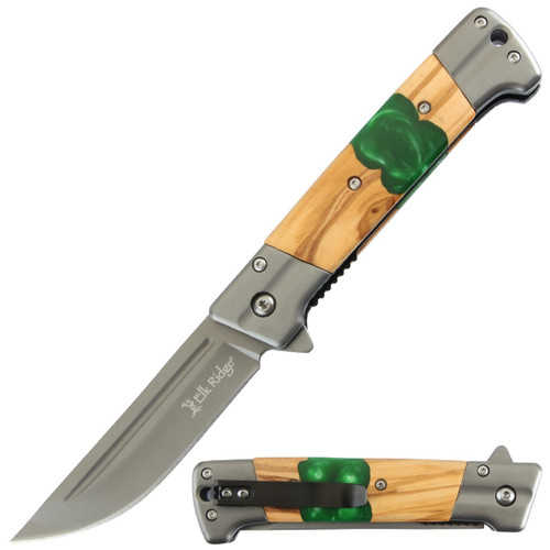 Elk Ridge Spring-Assisted Knife Green Resin Wood 3.5in Gray Drop Point