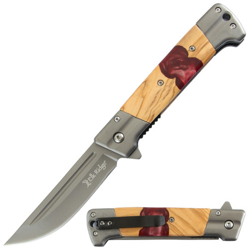 Elk Ridge Spring-Assisted Knife Red Resin Wood 3.5in Gray Drop Point