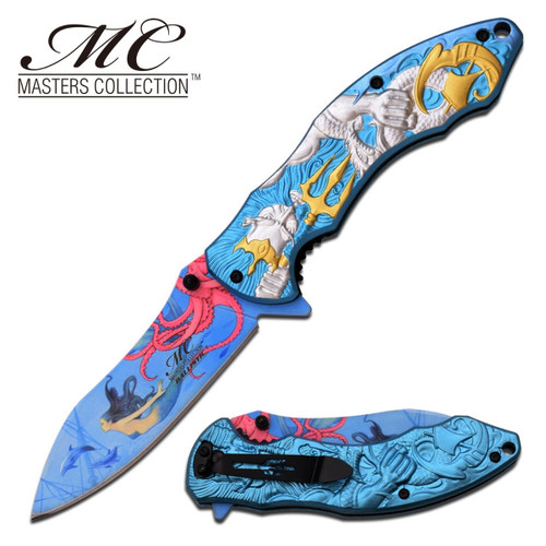 Masters Collection Assisted Knife Silver Gold Poseidon 3.75in Drop Point