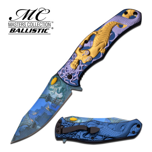 Masters Collection Assisted Knife Purple Gold Medusa 3.75in Drop Point
