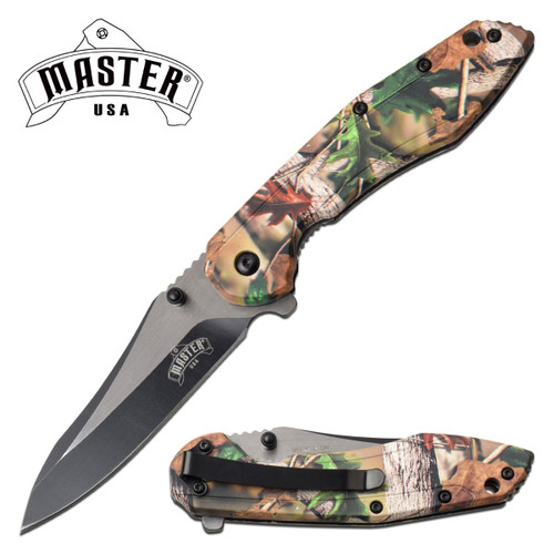 Master USA Spring-Assisted Knife Foliage Camo 3.5in Black Drop Point