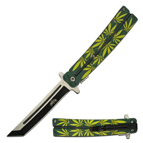 Master USA Spring-Assisted Knife Green Leaf Design 3.75in Tanto