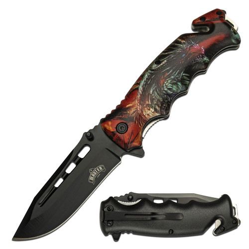 Master USA Spring-Assisted Knife Orange Dragon 3.75in Black Clip Point