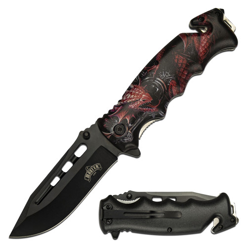 Master USA Spring-Assisted Knife Red Dragon 3.75in Black Clip Point