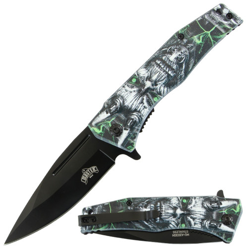 Master USA Spring-Assisted Knife Green Cyber Demon 3.5in Black Drop Point