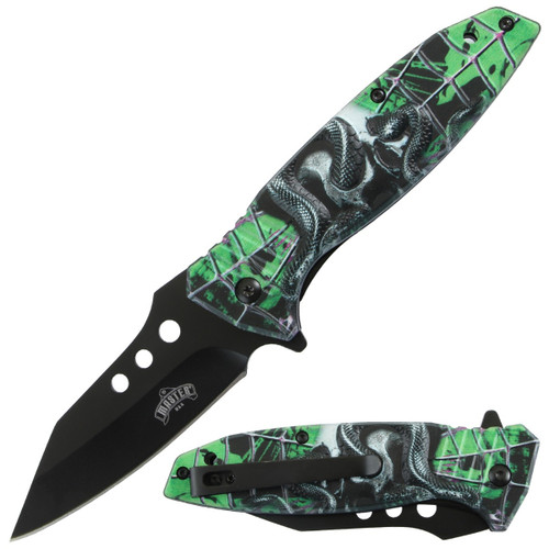 Master USA Spring-Assisted Knife Green Snake Web 3.5in Black Drop Point