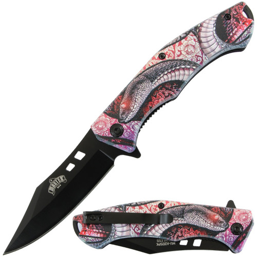 Master USA Spring-Assisted Knife Pink Serpent 3.5in Black Drop Point