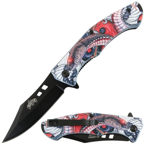 Master USA Spring-Assisted Knife Red Serpent 3.5in Black Drop Point