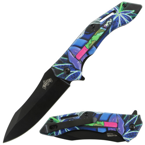 Master USA Spring-Assisted Knife Blue Cyber Graphic 3.5in Black Drop Point