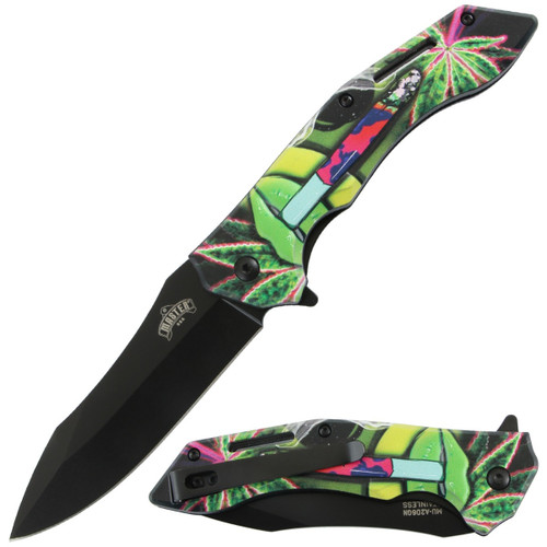 Master USA Spring-Assisted Knife Green Cyber Graphic 3.5in Black Drop Point