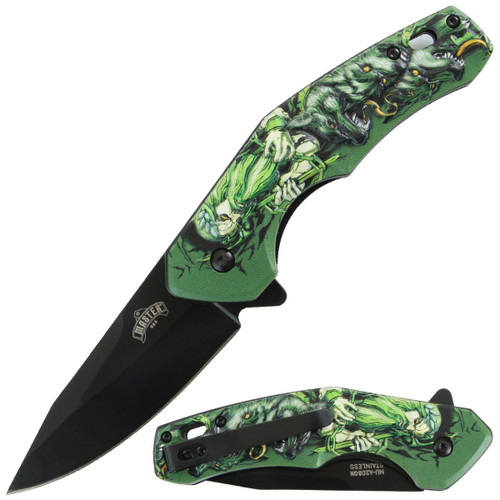 Master USA Spring-Assisted Wolf Lord Green 3.5in Black Drop Point