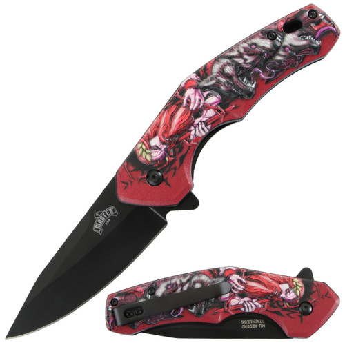 Master USA Spring-Assisted Knife Red Wolf Lord 3.5in Black Drop Point