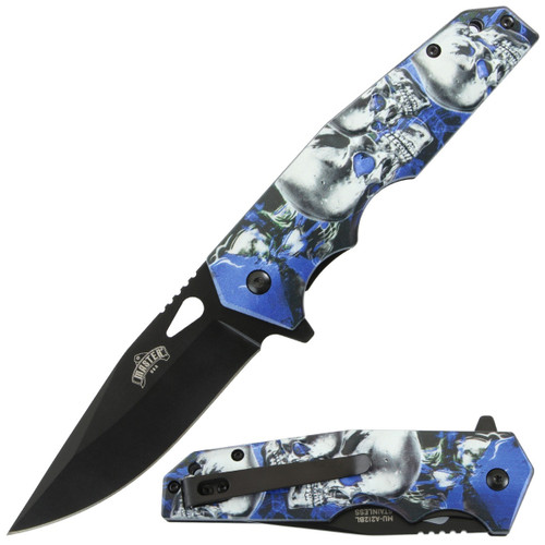 Master USA Spring-Assisted Knife Blue Skulls 3.5in Black Drop Point MU-A212BL