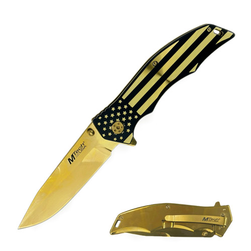 MTech USA Spring-Assisted Knife Gold American Flag 3.74in Drop Point