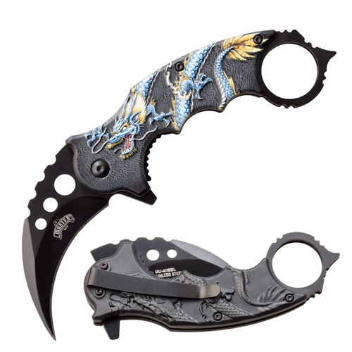 Master USA Spring-Assisted Knife Blue Dragon 3in Black Hawkbill