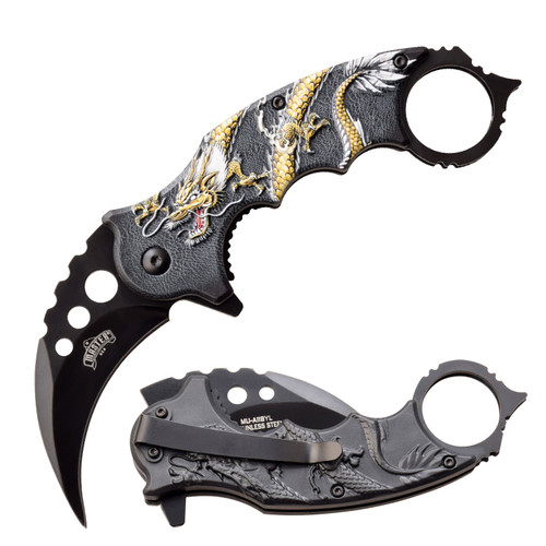 Master USA Spring-Assisted Knife Yellow Dragon 3in Black Hawkbill