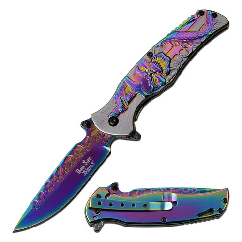 Dark Side Blades Assisted Knife Rainbow Titanium Skull Etched Two-Tone