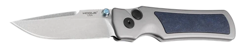 Hogue Saxum Button Lock Folding Knife Tumbled Magnacut/Gray Aluminum with Blue Canyon Richlite Insert