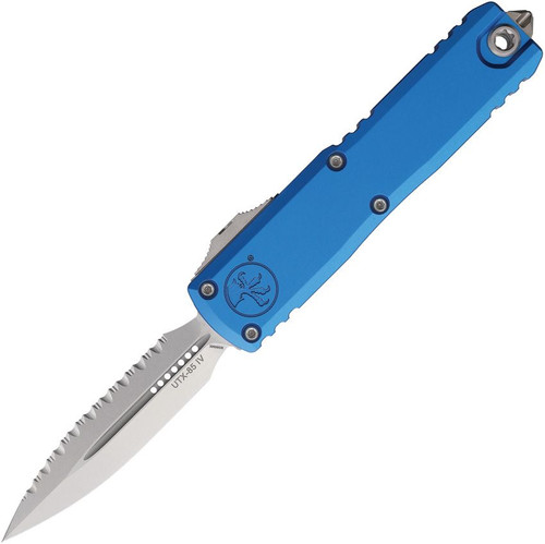 Microtech UTX-85 Gen IV OTF Auto D/E Stonewash Full Serrate Blue AUMT1232412BL