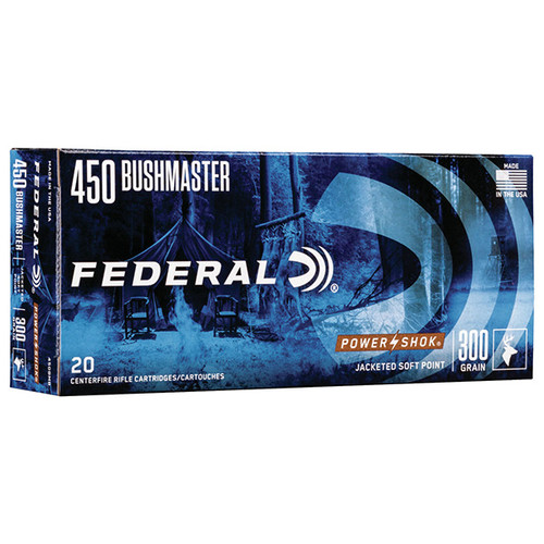 Federal Power-Shok 450 Bushmaster Rifle Ammunition 20 Rounds Brass Centerfire 300 Grain Jacketed Soft Point 