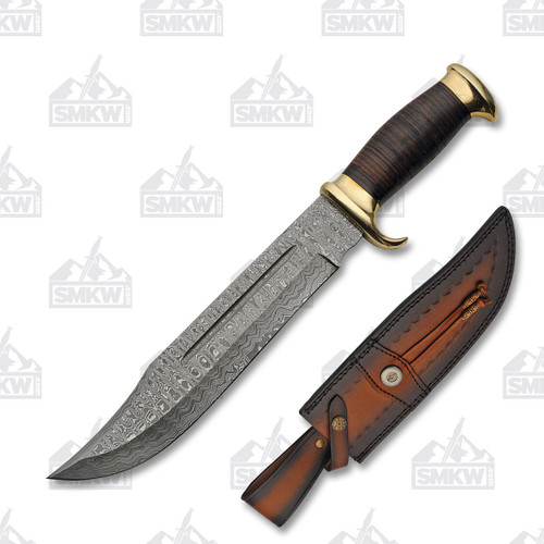 Szco Damascus Bowie Knife Stacked Leather 10.5 Inch Blade 1