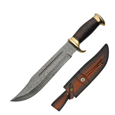 Szco Damascus Stacked Leather Bowie Leather Sheath