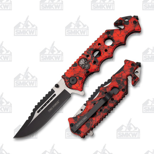 Tac-Force Red Sawback Skull Folding Knife