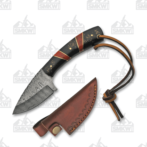 Damascus Small Skinner Fixed Blade Knife Black & Red Composition Handle