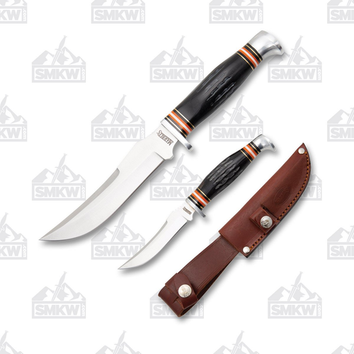 Marbles Grooved Horn Fixed Blade Skinner Combo with satin-finished 440A stainless steel clip-point blades and a leather sheath.