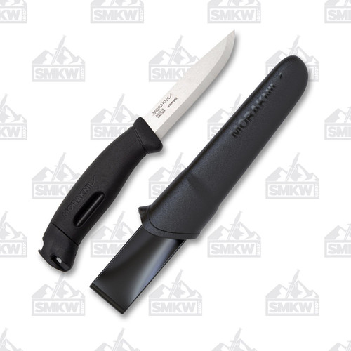 Morakniv Companion Spark Fixed Blade TPE Black 4.1 In Satin Drop Point. knife front and sheath