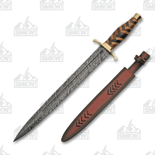 Damascus Short Sword Olive & Walnut Braided Wood Handle