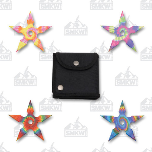 SZCO Supplies 4in 4-Piece Tye-Dye Throwing Star Set with Nylon Case