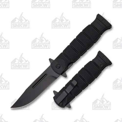 Szco Combat Folding Knife 3.5 Inch Plain Black Clip Point Open and Closed