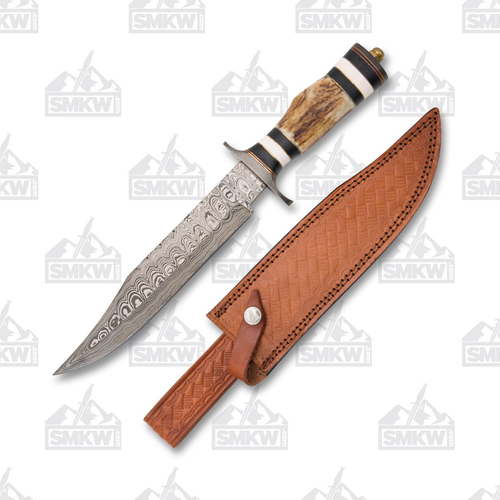 Marbles Stag Damascus Clip-Point Bowie Knife with Leather Sheath.