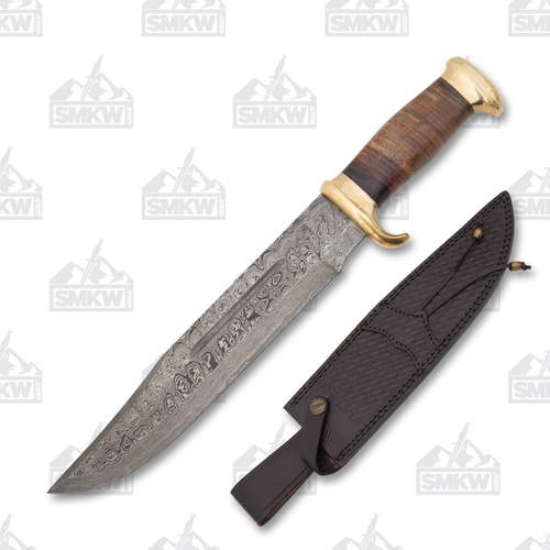 Marbles Stacked Leather Bowie features an 11.0" Damascus steel clip point blade with Leather Sheath
