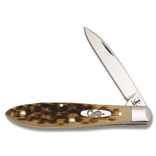 Case Single End Bolster Amber Jigged Bone Tear Drop Folding Knife