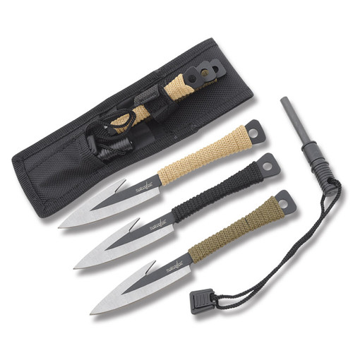 Survivor Throwing Knife Set Black Stainless Steel Blades with Cord Wrapped Handles and Firestarter