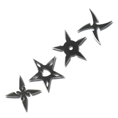 4pc Two Tone Black Stainless Steel Assorted Throwing Stars with Pouch - 2.5" Diameter