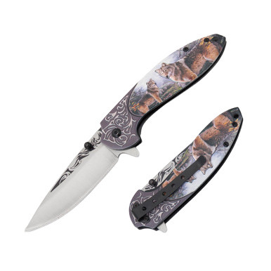 Frost Wildlife Series Assisted Folding Knife Wolf 3.25in Satin Drop Point