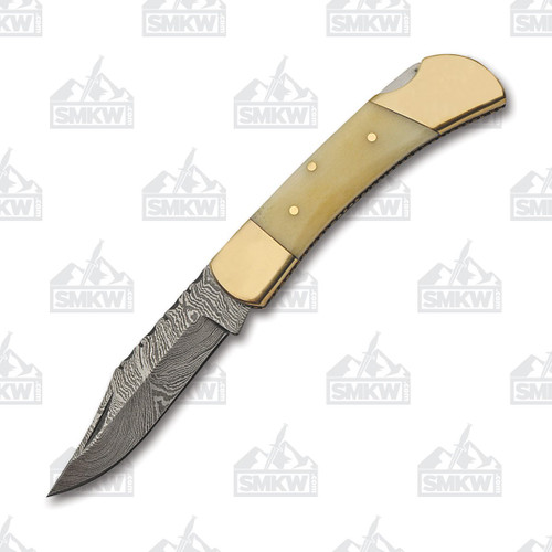 Szco Damascus Lockback Folding Knife Natural Smooth Bone 1