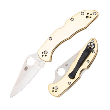 Spyderco Delica Folding Knife Brass 2.87in Plain Satin Clip Point