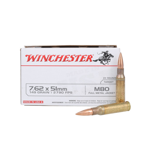 Winchester USA White Box 7.62x51mm NATO Ammo FMJ M80 149gr 20Rds Box