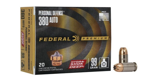 Federal Premium Hydra-Shok Deep .380 ACP 99gr JHP Ammo 20Rd