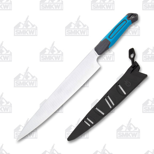 Gerber Sengyo Fixed Blade Knife Cyan 9.5 Inch Plain Satin Chef Front with Blade Cover