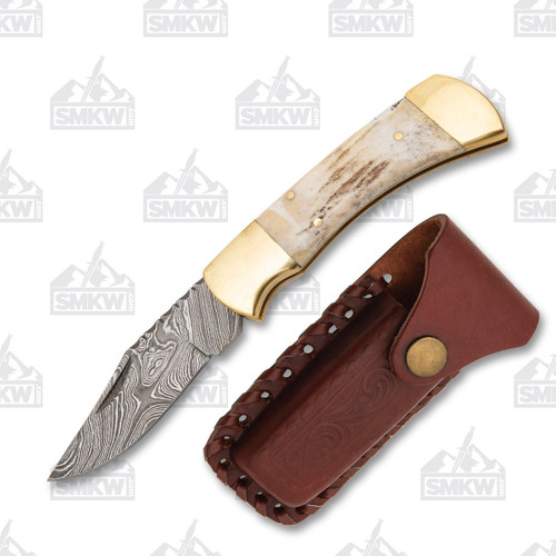 Rite Edge Bandera Folding Knife 3.75in Plain Edge Stag Damascus 