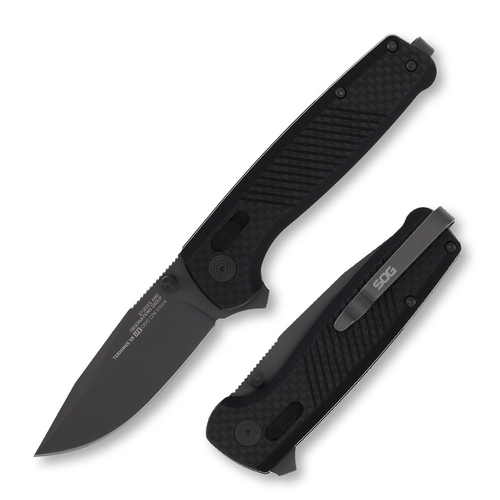 SOG Terminus XR LTE Folding Knife 2.95 Inch Plain Gray TiNi Clip Point Front Open and Black Closed