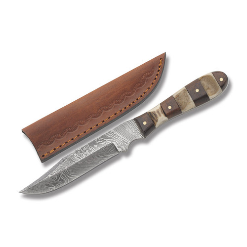 Smokehouse Sidearm Fixed Blade Knife Damascus Stacked Wood and Stag DM1108