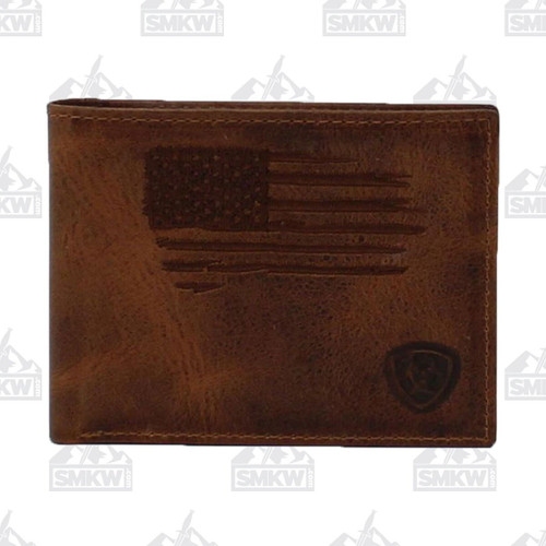 Ariat Men's Brown Leather Bi-Fold Wallet with USA Flag