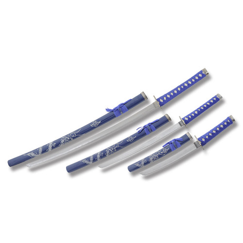 Samurai Sword 3 Piece Set Stainless Steel Blades Blue Cord Wrap Handles